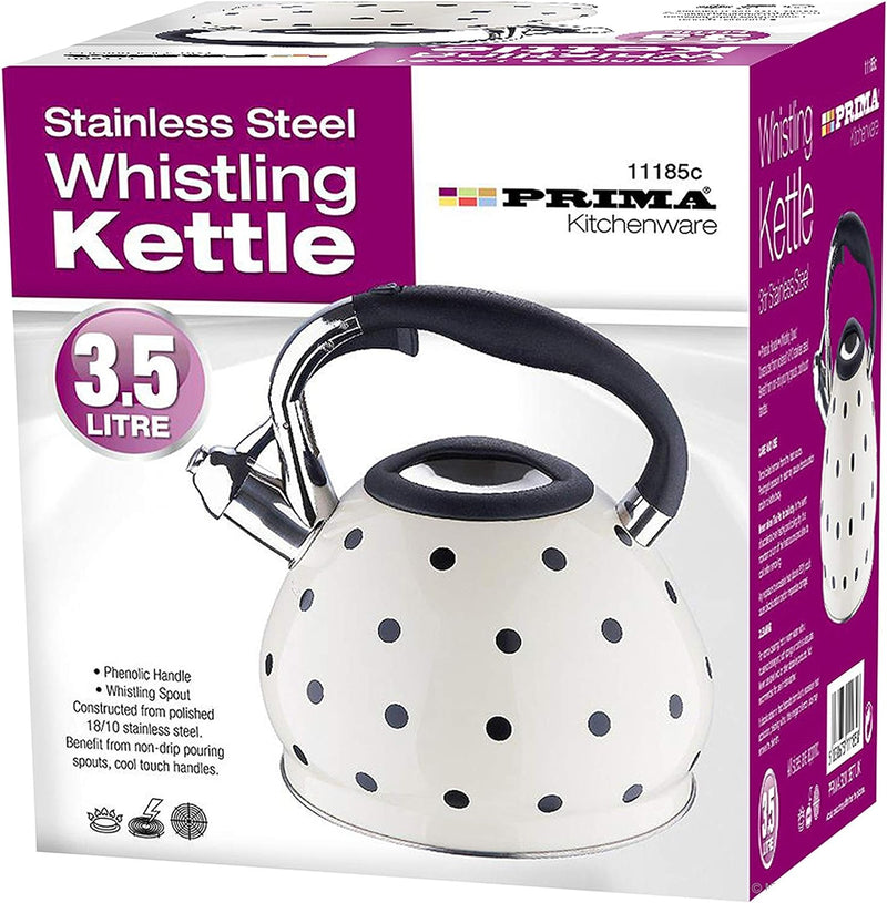 Prima 3.5L Stainless Steel Whistling Kettle White And Black Polka Dot